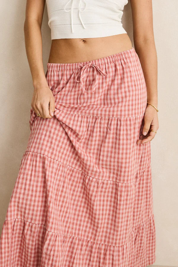 RHYTHM Kirra Check Tiered Maxi Skirt