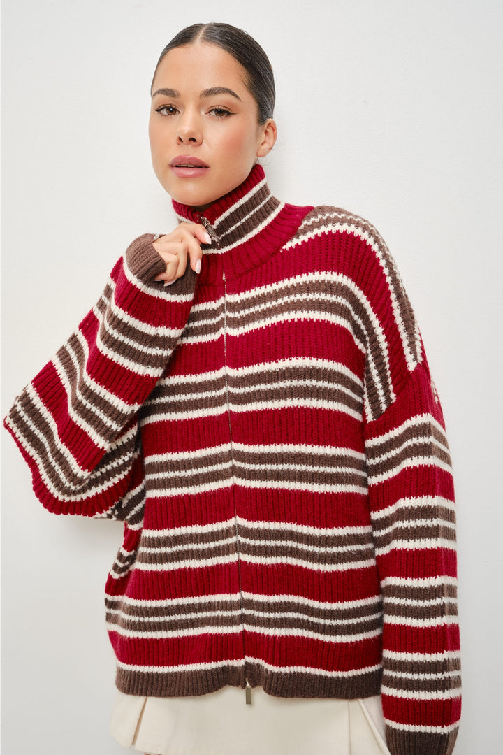 KEEN THE LABEL Selma Striped Mock Neck Zip Up Sweater-The Shop Laguna Beach