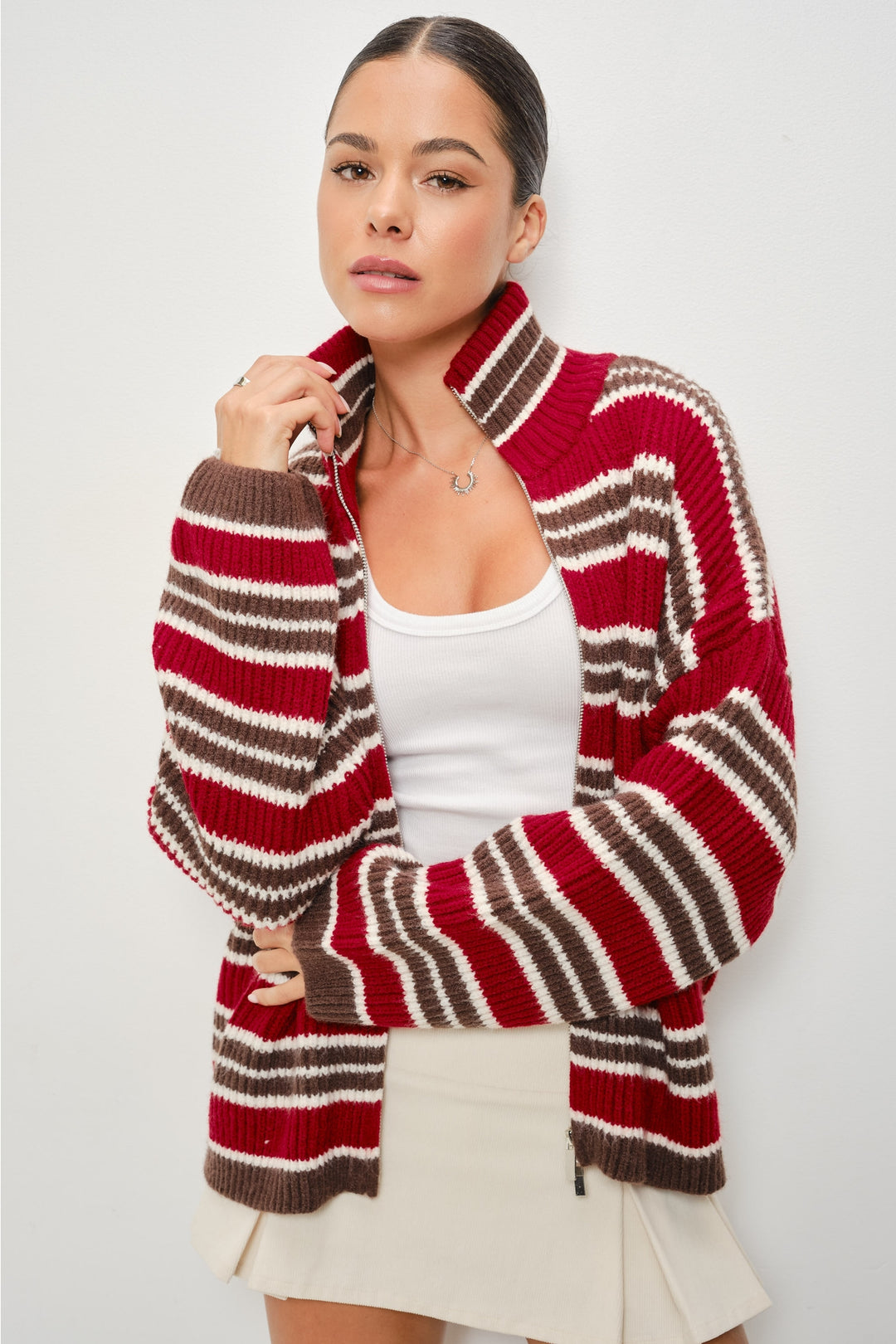 KEEN THE LABEL Selma Striped Mock Neck Zip Up Sweater-The Shop Laguna Beach