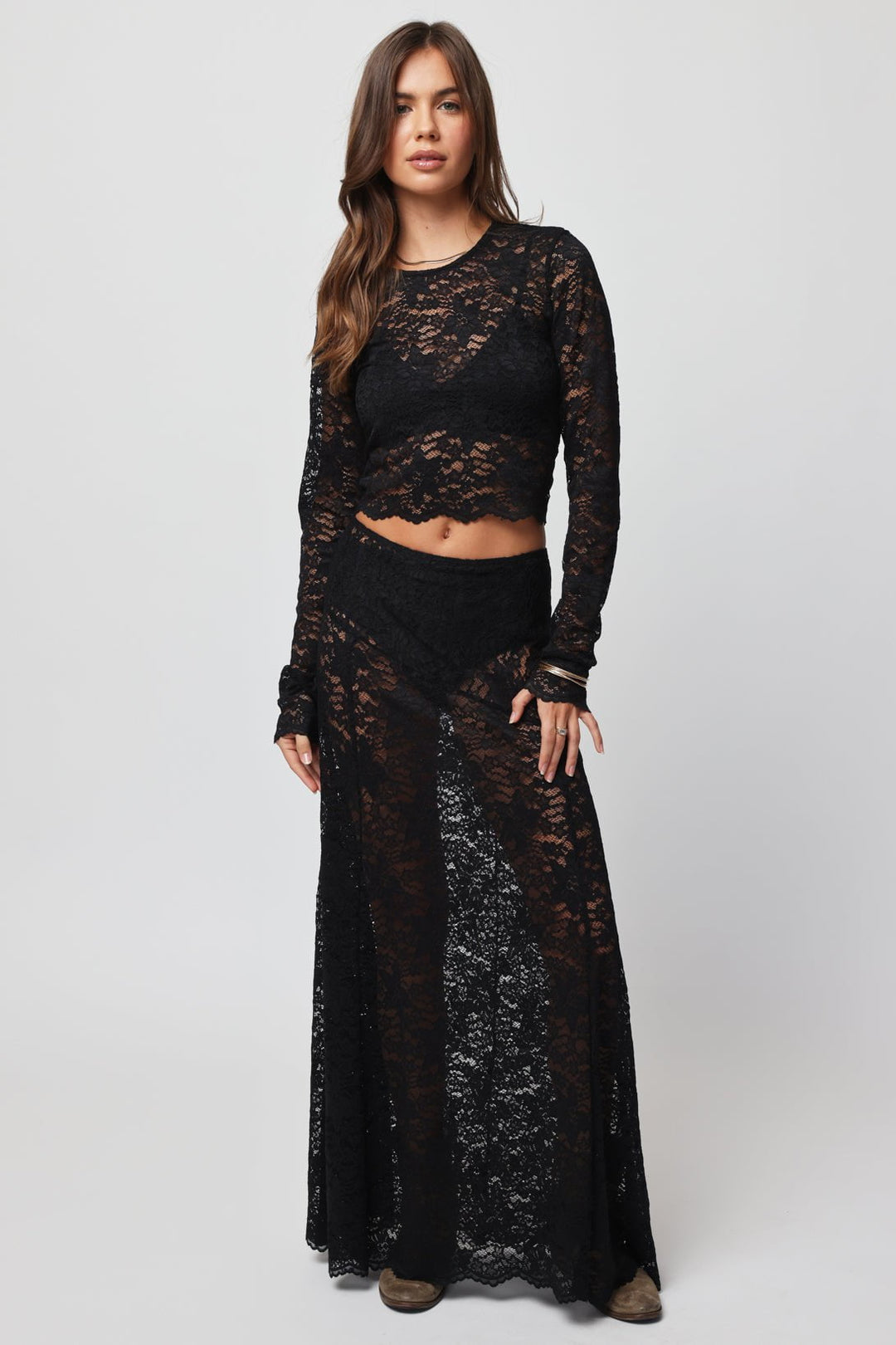 STILLWATER Lace Long Sleeve Baby Tee-The Shop Laguna Beach