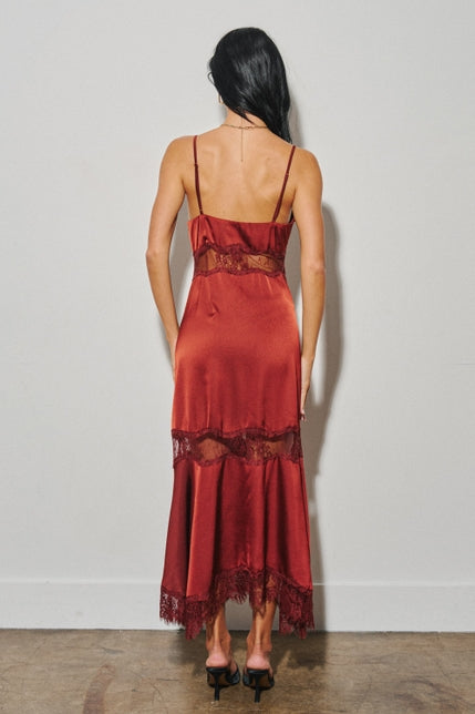KEEN THE LABEL Arianna Lace-Trim Satin Maxi Dress-The Shop Laguna Beach