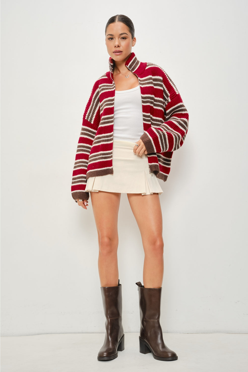 KEEN THE LABEL Selma Striped Mock Neck Zip Up Sweater-The Shop Laguna Beach