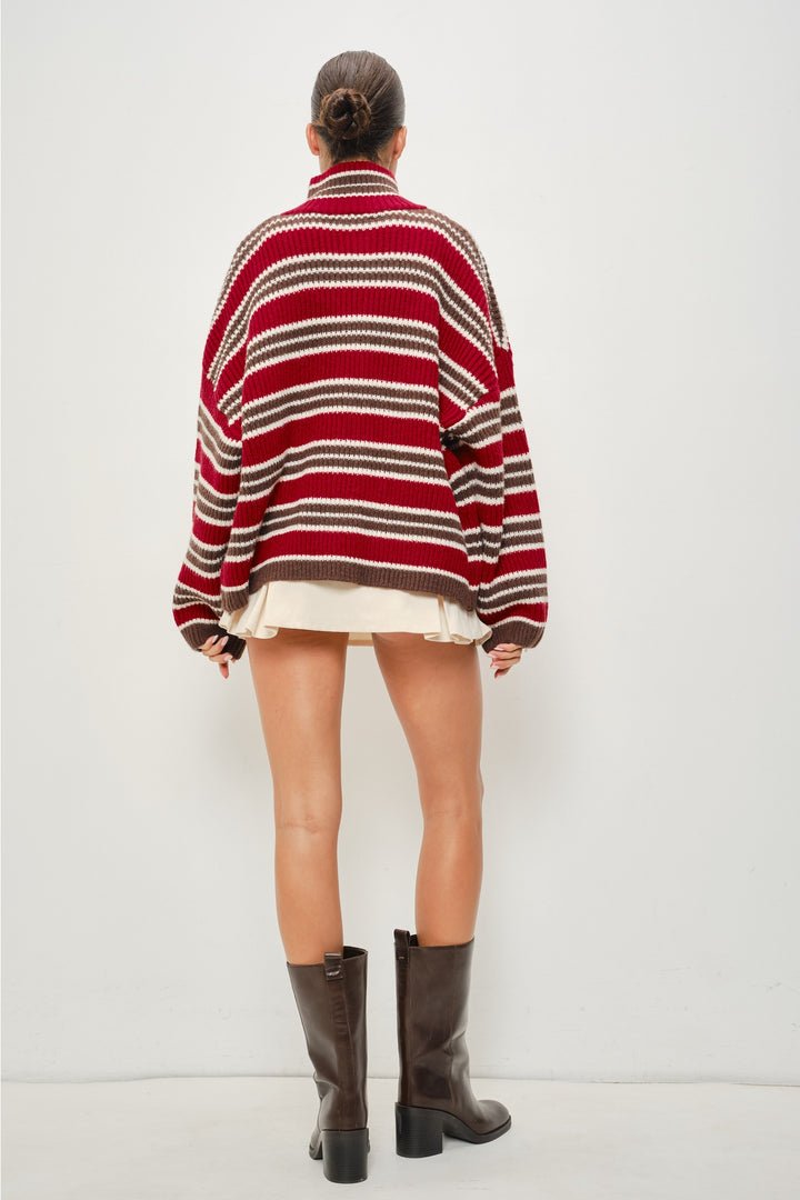 KEEN THE LABEL Selma Striped Mock Neck Zip Up Sweater-The Shop Laguna Beach