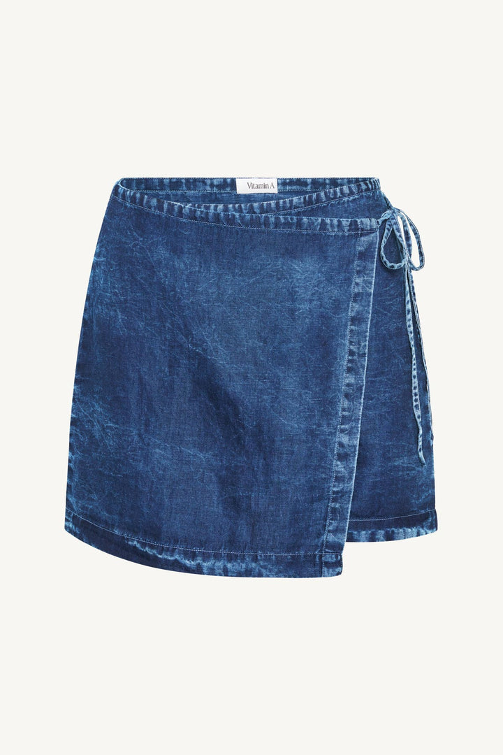 VITAMIN A Willa Linen Denim Wrap Mini Skirt-The Shop Laguna Beach