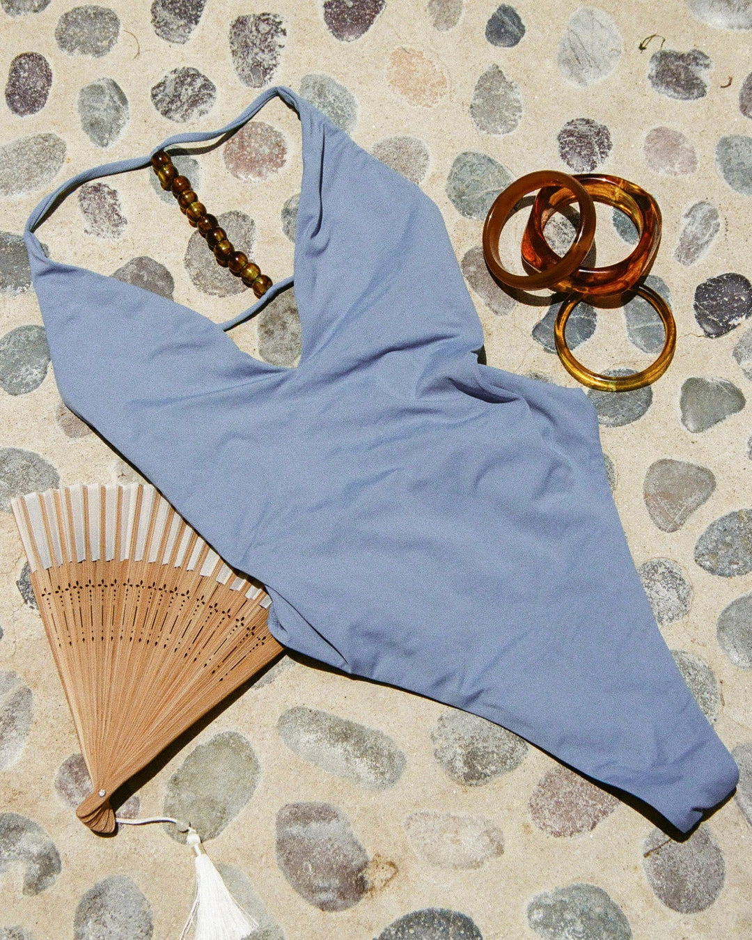 Chambray | Badge:New Arrival_#B2AC88_#ffffff' Blue one piece swimsuit with beads