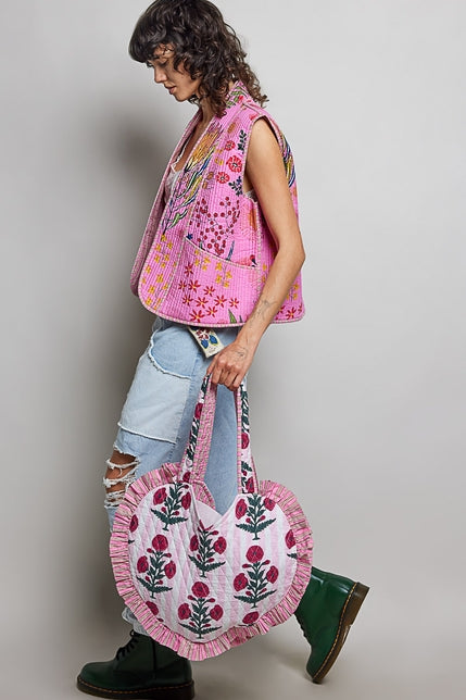Heart-Shaped Ruffle-Edge Quilted Tote Bag