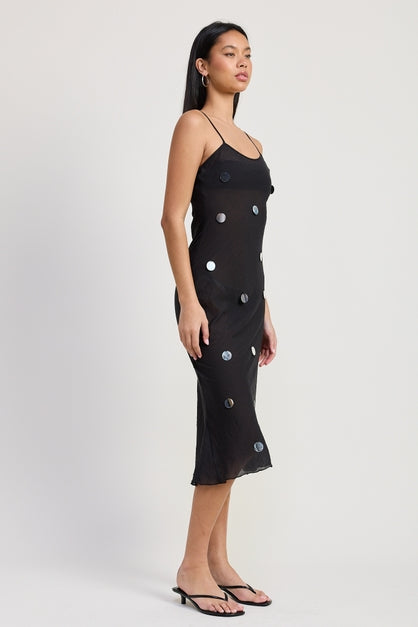 KEEN THE LABEL Paulette Semi-Sheer Sequin Bias Midi Dress-The Shop Laguna Beach