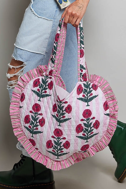 Heart-Shaped Ruffle-Edge Quilted Tote Bag