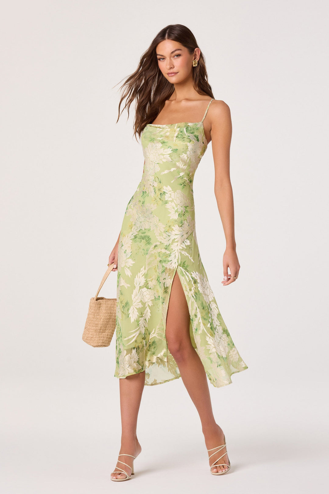 Gaia Burnout Velvet Cowl Midi Dress Light Green Floral / L