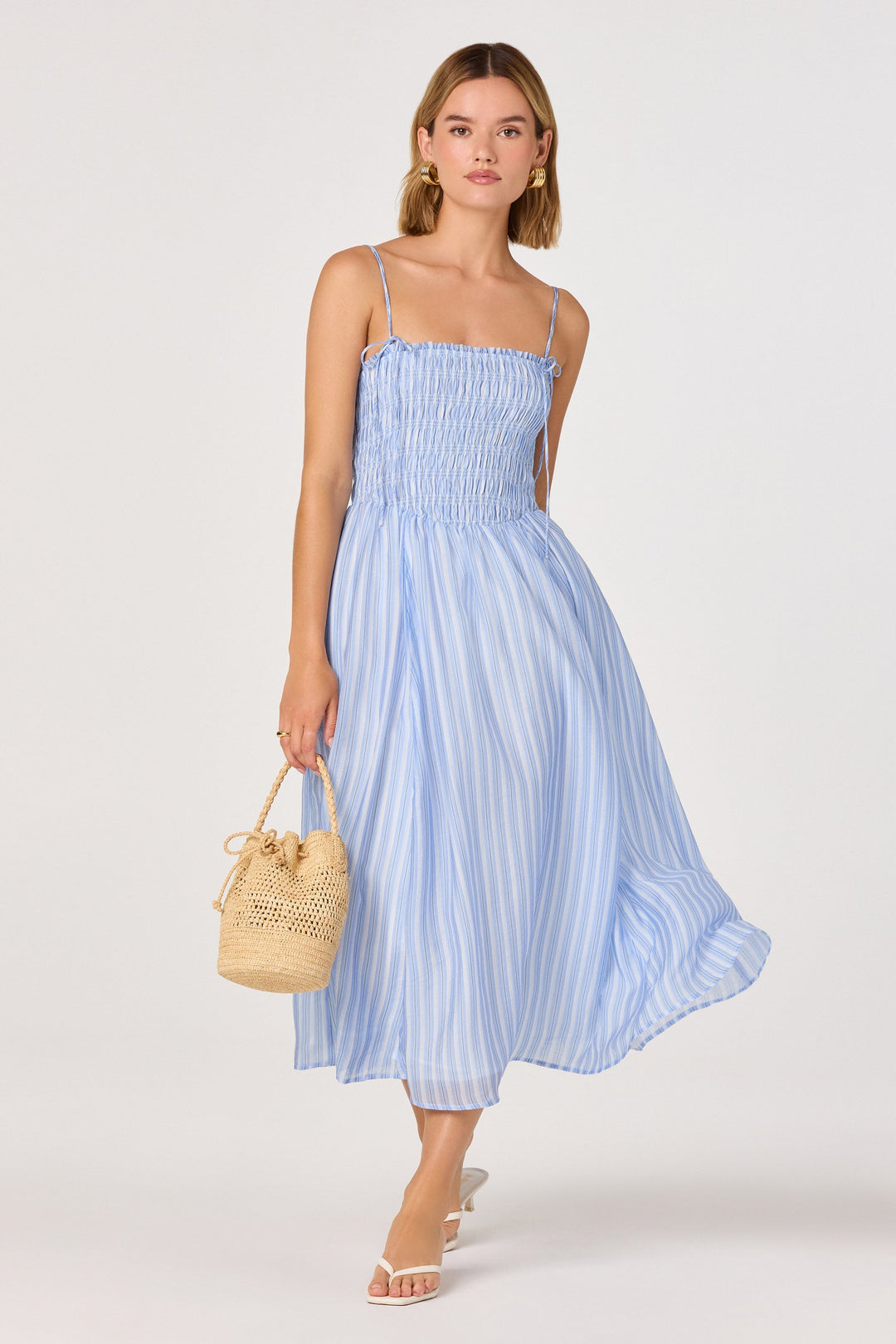 ASTR the Label | Lahela Smocked Midi Dress in Blue Stripe | Size M ASTR the Label | Lahela Smocked Midi Dress in Blue Stripe | Size M