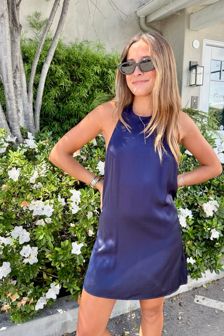 KEEN THE LABEL Delaney Satin Halter Mini Dress-The Shop Laguna Beach