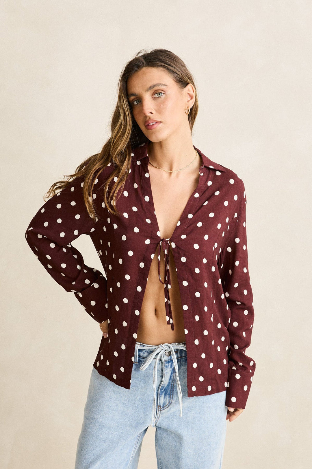 RHYTHM Polka Dot Tie-Front Long Sleeve Top-The Shop Laguna Beach