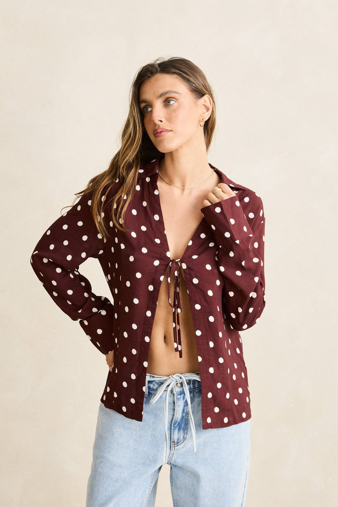 RHYTHM Polka Dot Tie-Front Long Sleeve Top-The Shop Laguna Beach