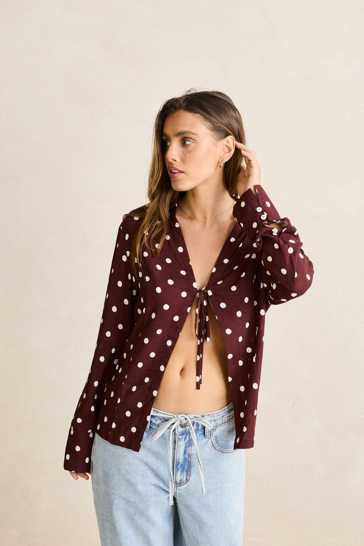 RHYTHM Polka Dot Tie-Front Long Sleeve Top-The Shop Laguna Beach