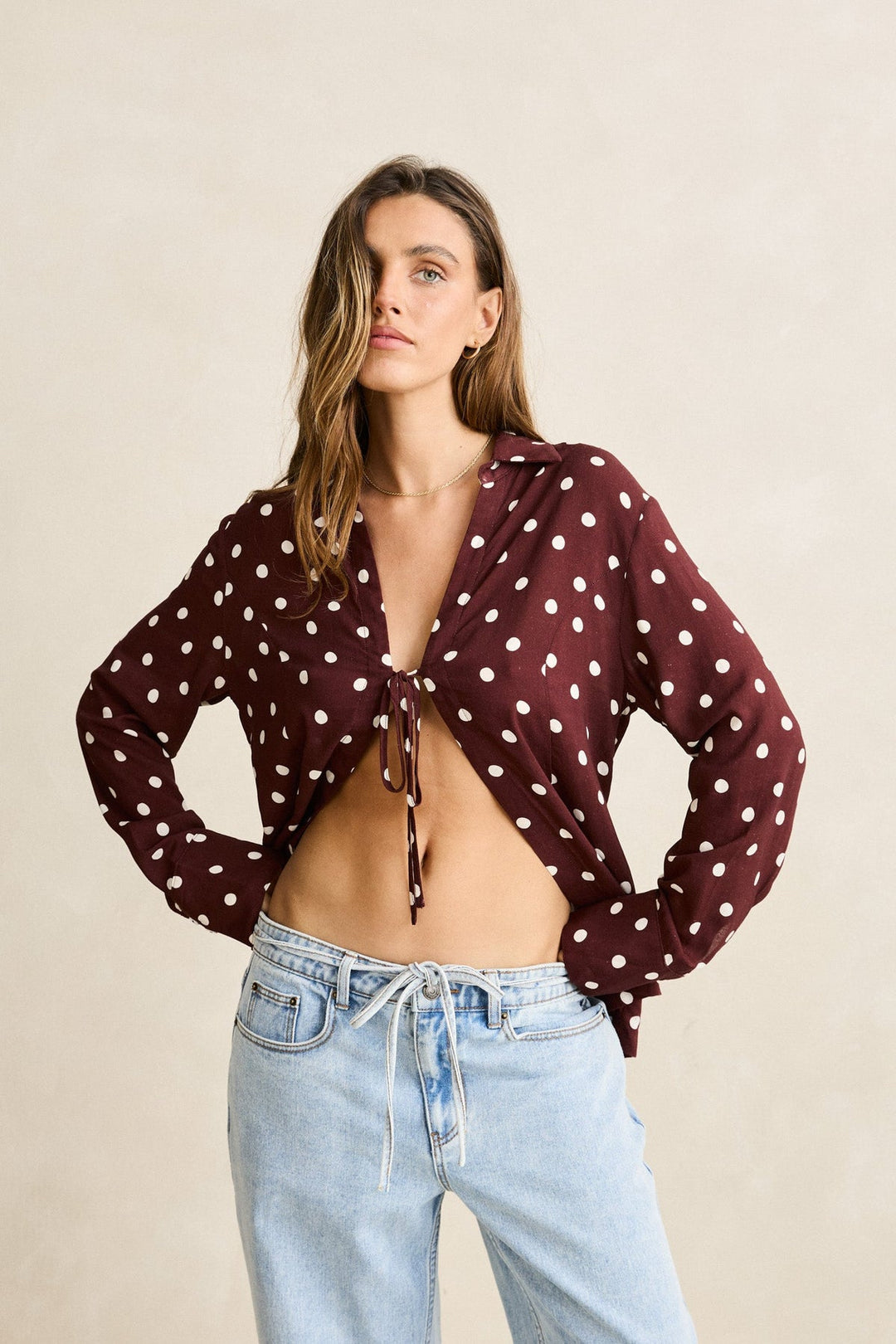 RHYTHM Polka Dot Tie-Front Long Sleeve Top-The Shop Laguna Beach