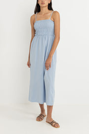 RHYTHM Classic Shirred Linen Midi Dress-The Shop Laguna Beach