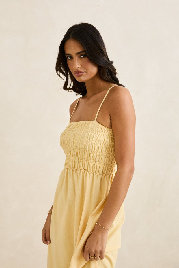 RHYTHM Classic Shirred Linen Midi Dress-The Shop Laguna Beach