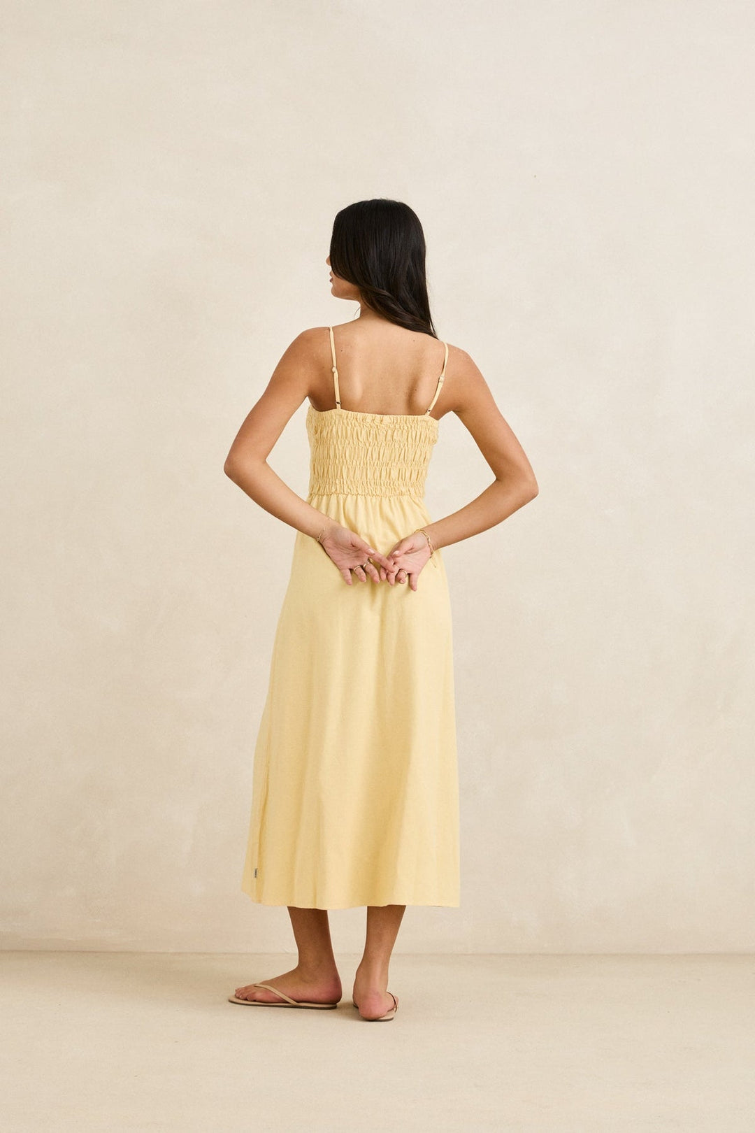 RHYTHM Classic Shirred Linen Midi Dress-The Shop Laguna Beach