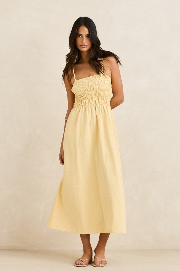 RHYTHM Classic Shirred Linen Midi Dress-The Shop Laguna Beach