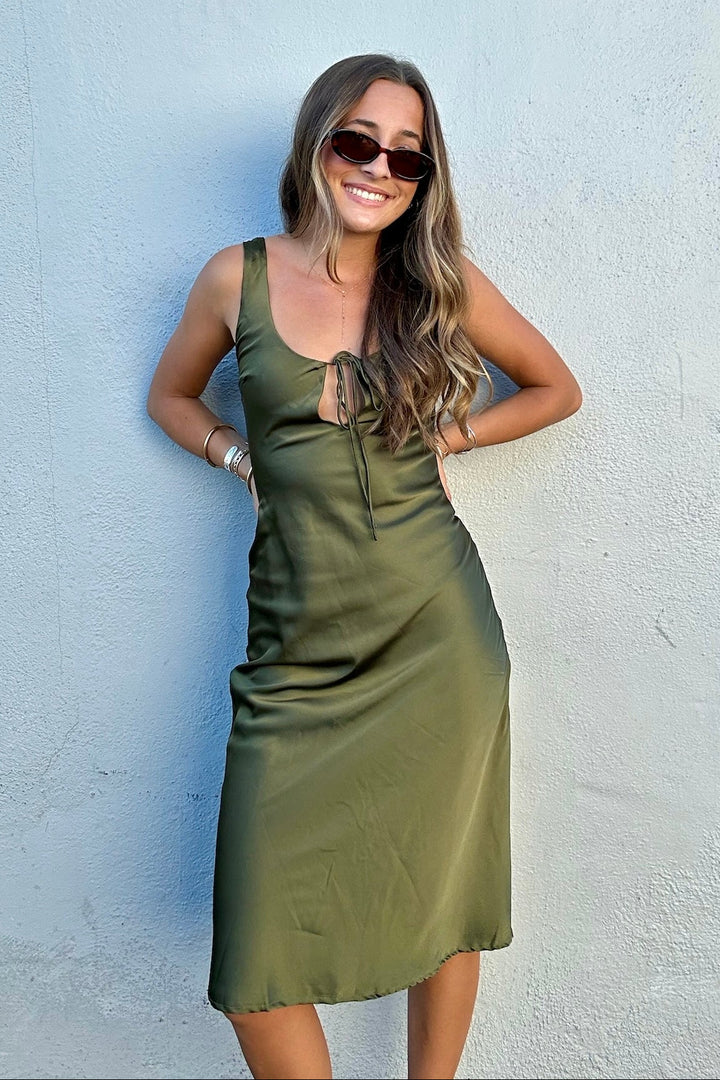 KEEN THE LABEL Amira Keyhole Satin Midi Dress-The Shop Laguna Beach