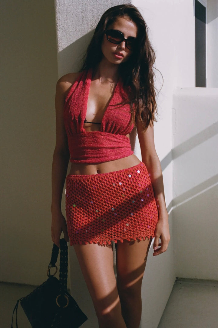 INDAH Elisha Sequin Knit Mini Skirt-The Shop Laguna Beach
