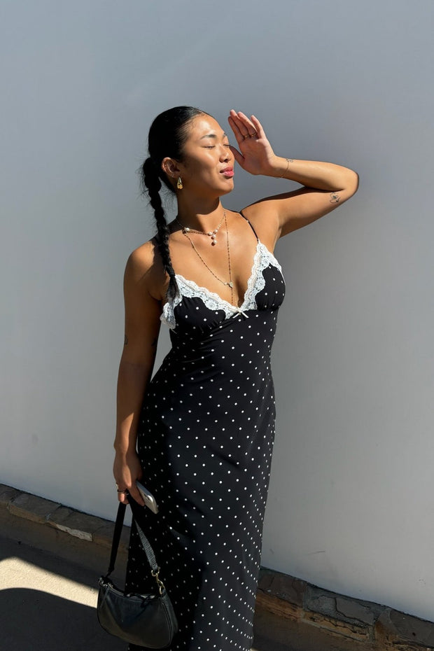 KEEN THE LABEL Odette Lace-Trim Polka Dot Maxi Dress-The Shop Laguna Beach