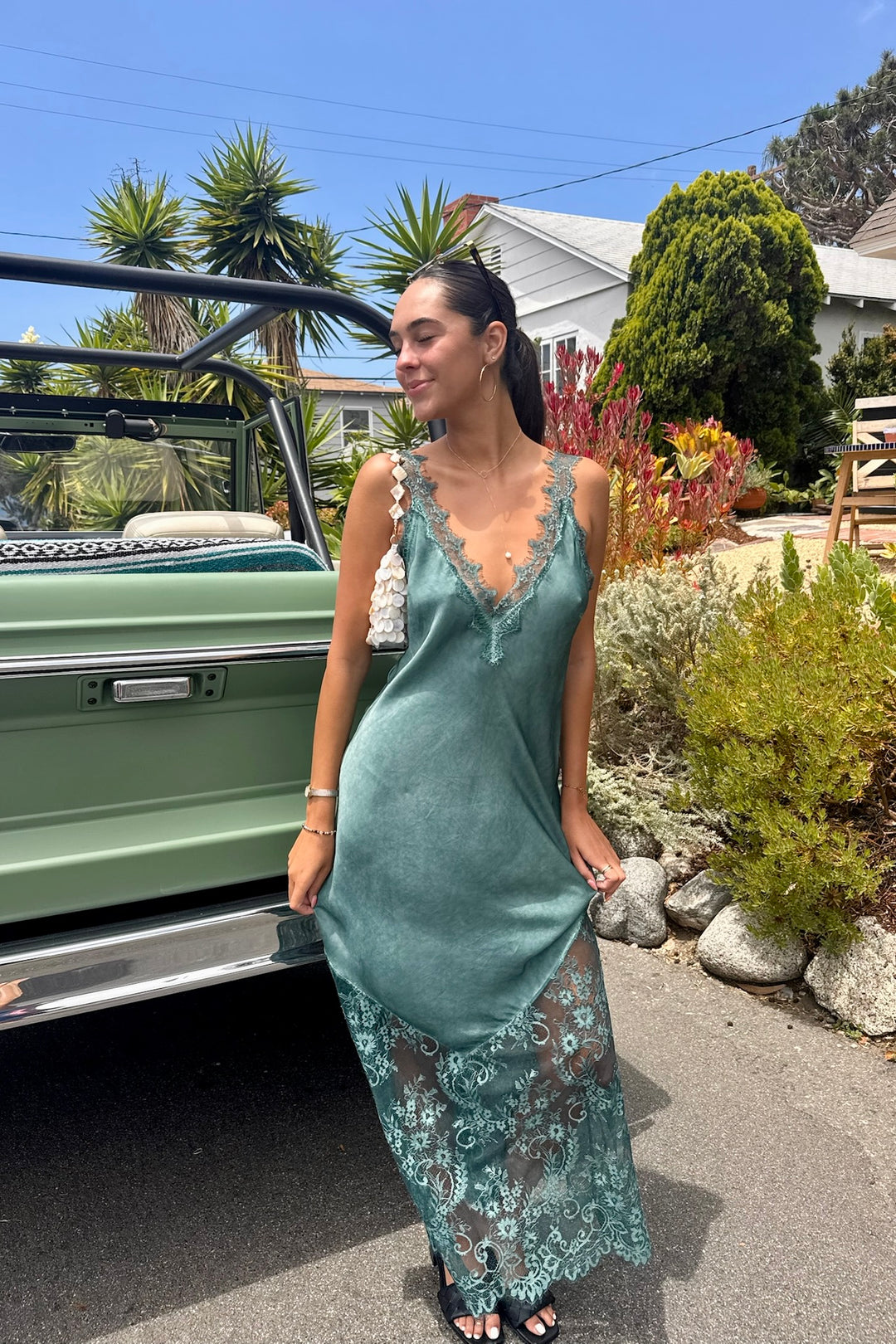 KEEN THE LABEL Beatrice Silky Lace Maxi Dress • Hunter Green