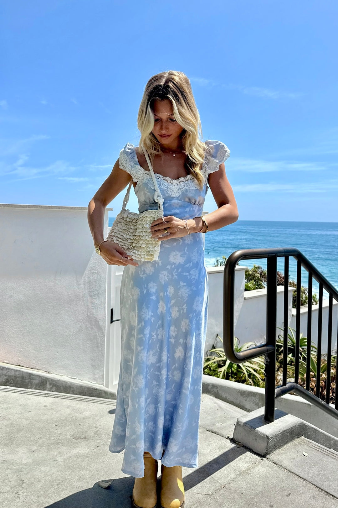 KEEN THE LABEL June Lace Cap Sleeve Maxi Dress • Light Blue Floral