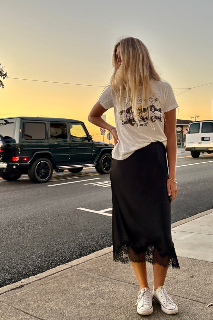 KEEN THE LABEL Geneva Lace-Trim Satin Skirt - More Colors Available-The Shop Laguna Beach