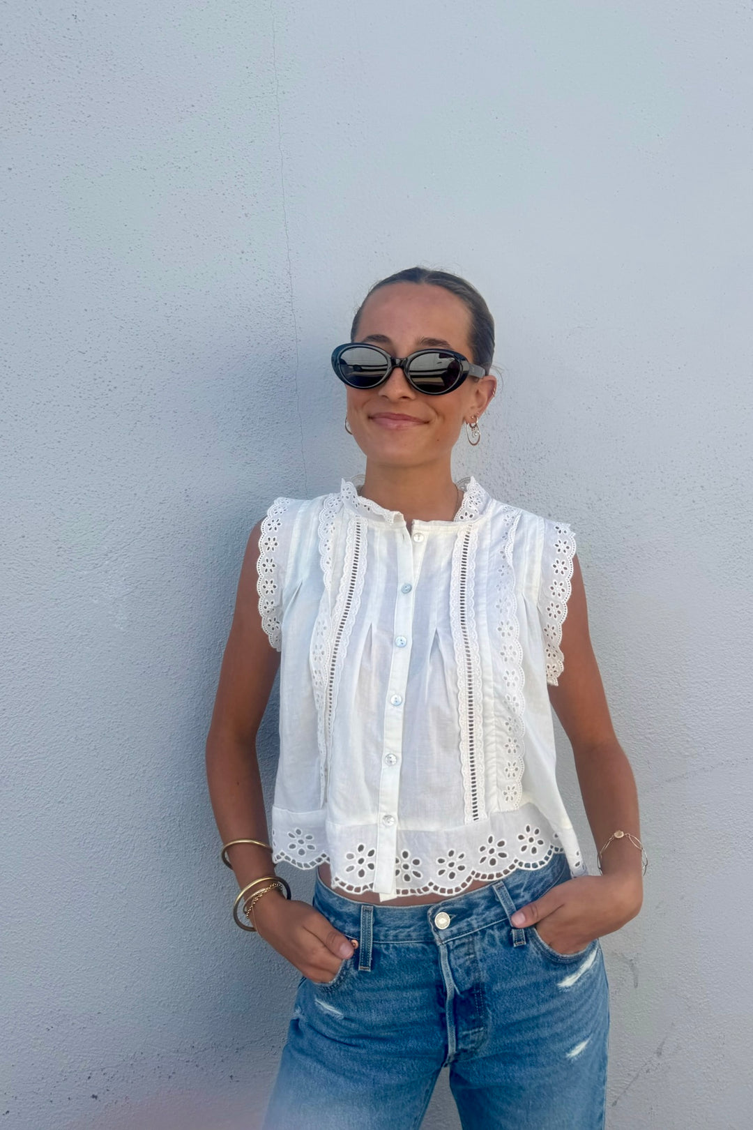KEEN THE LABEL Tiah Buttoned Eyelet Tank-The Shop Laguna Beach