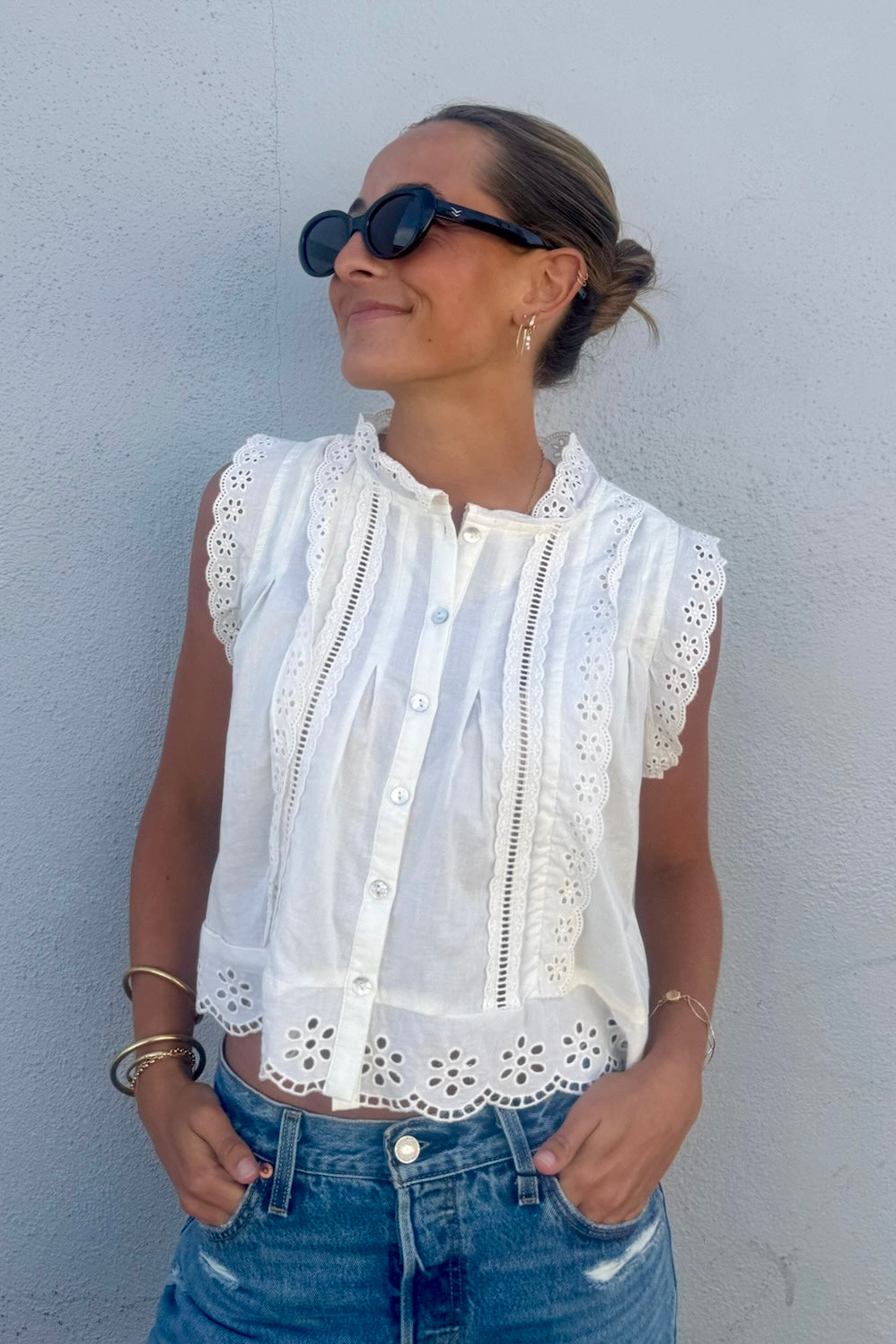 KEEN THE LABEL Tiah Buttoned Eyelet Tank-The Shop Laguna Beach