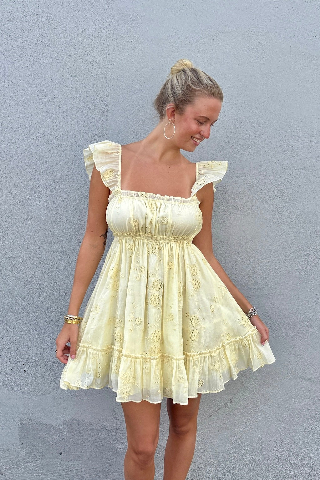KEEN THE LABEL Patrice Eyelet Babydoll Mini Dress • Yellow