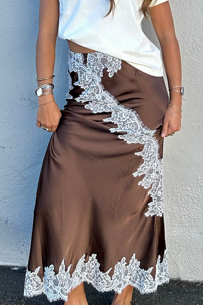 KEEN THE LABEL Kari Lace Satin Midi Skirt-The Shop Laguna Beach