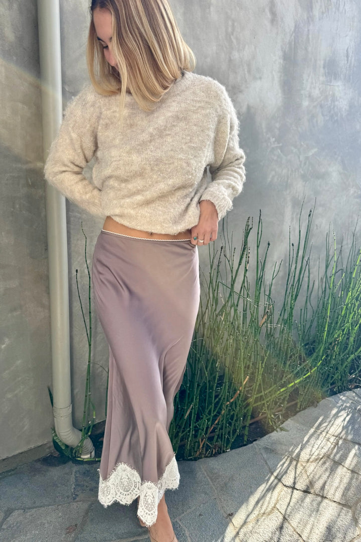 KEEN THE LABEL Fira Satin Lace Midi Skirt - More Colors Available-The Shop Laguna Beach