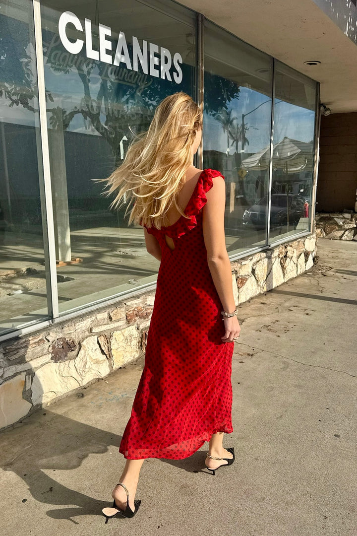 KEEN THE LABEL Imani Polka Dot Ruffle Maxi Dress-The Shop Laguna Beach