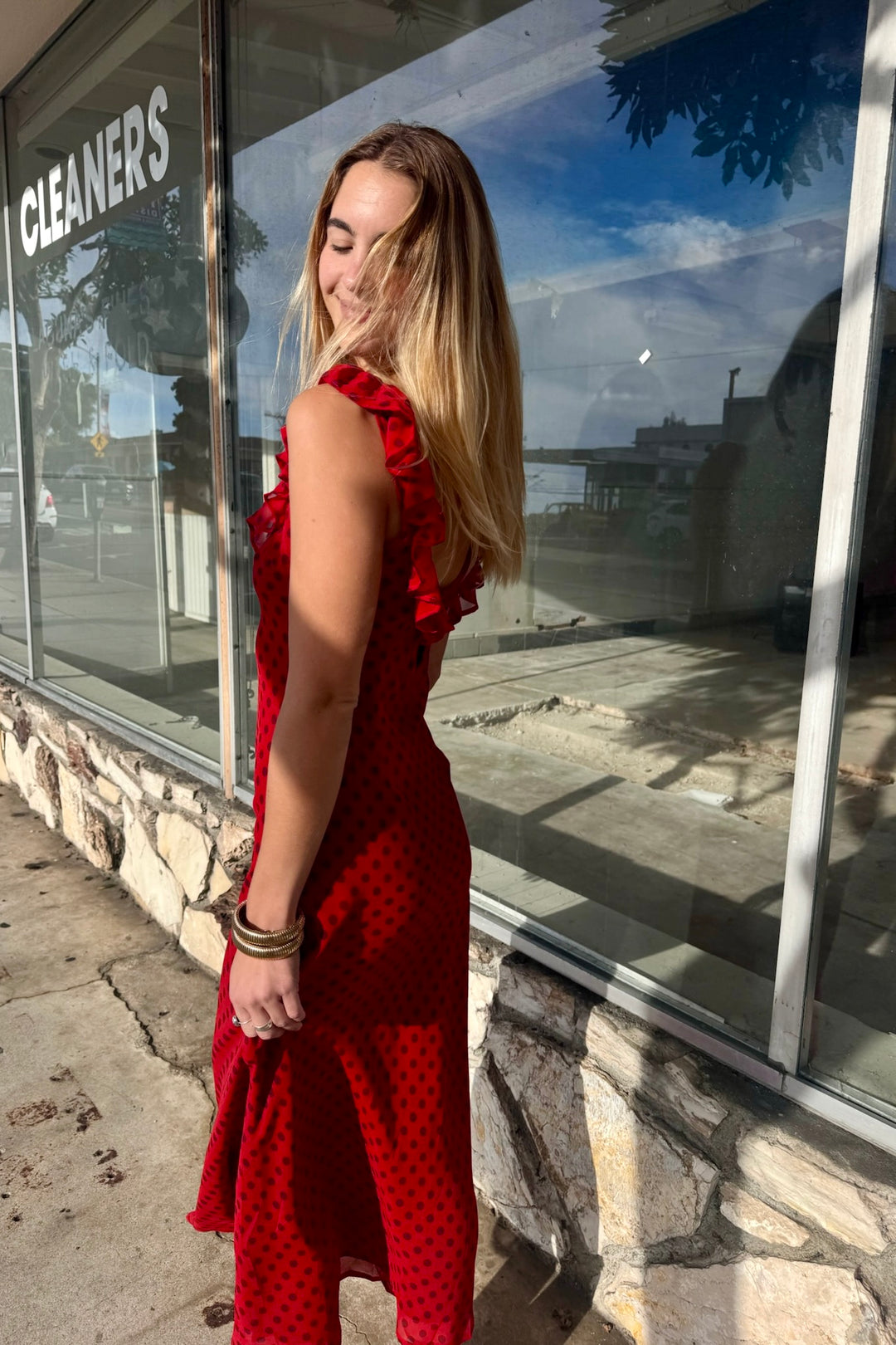 KEEN THE LABEL Imani Polka Dot Ruffle Maxi Dress-The Shop Laguna Beach