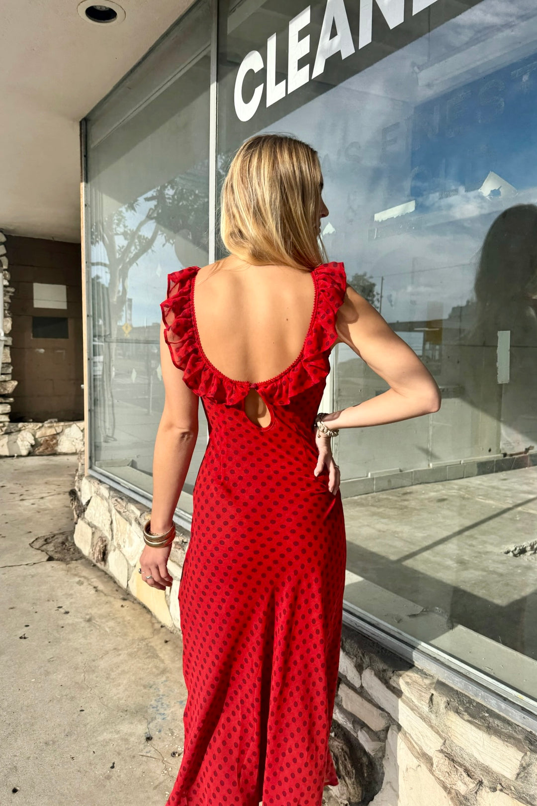 KEEN THE LABEL Imani Polka Dot Ruffle Maxi Dress-The Shop Laguna Beach