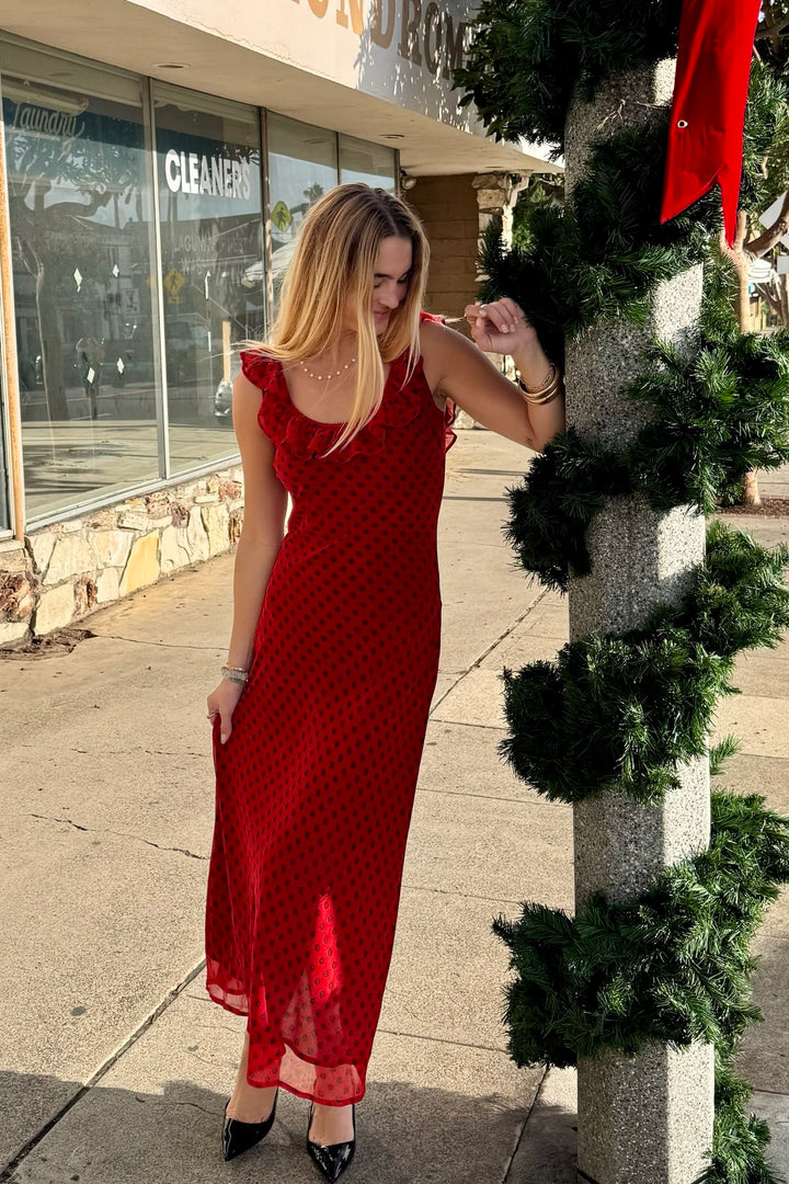 KEEN THE LABEL Imani Polka Dot Ruffle Maxi Dress-The Shop Laguna Beach