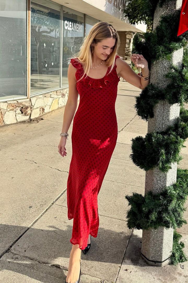 KEEN THE LABEL Imani Polka Dot Ruffle Maxi Dress-The Shop Laguna Beach