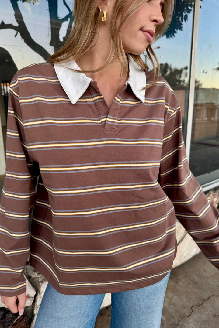 KEEN THE LABEL Paola Striped Long Sleeve Collared Tee-The Shop Laguna Beach