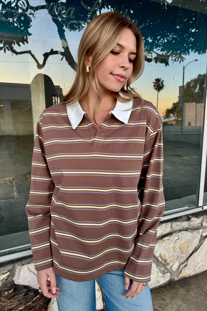 KEEN THE LABEL Paola Striped Long Sleeve Collared Tee-The Shop Laguna Beach