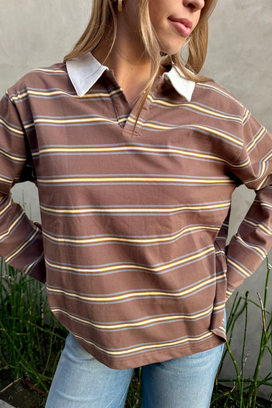 KEEN THE LABEL Paola Striped Long Sleeve Collared Tee-The Shop Laguna Beach