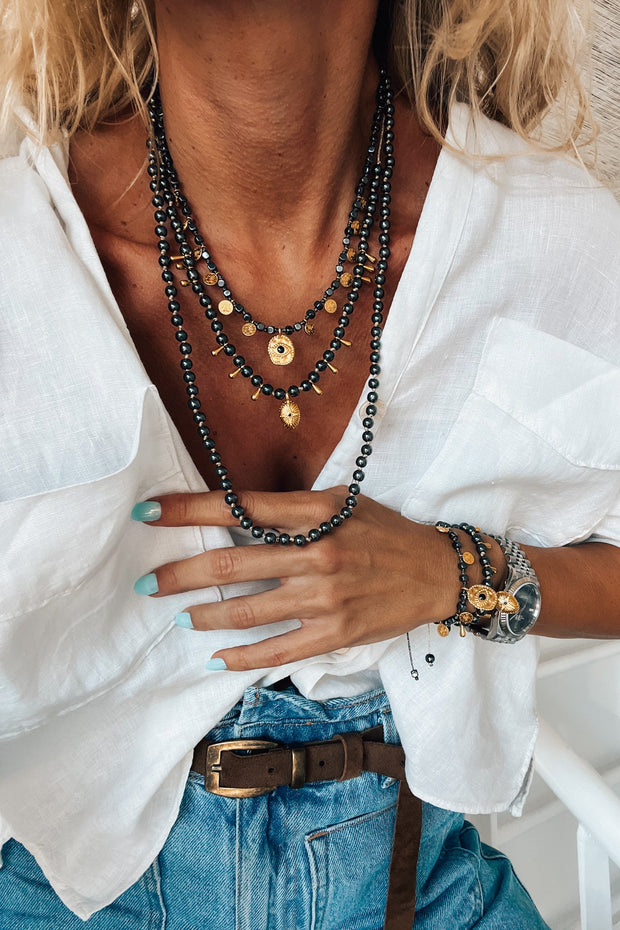 GOUPI Black Hematite Eye & Coin Beaded Necklace-The Shop Laguna Beach