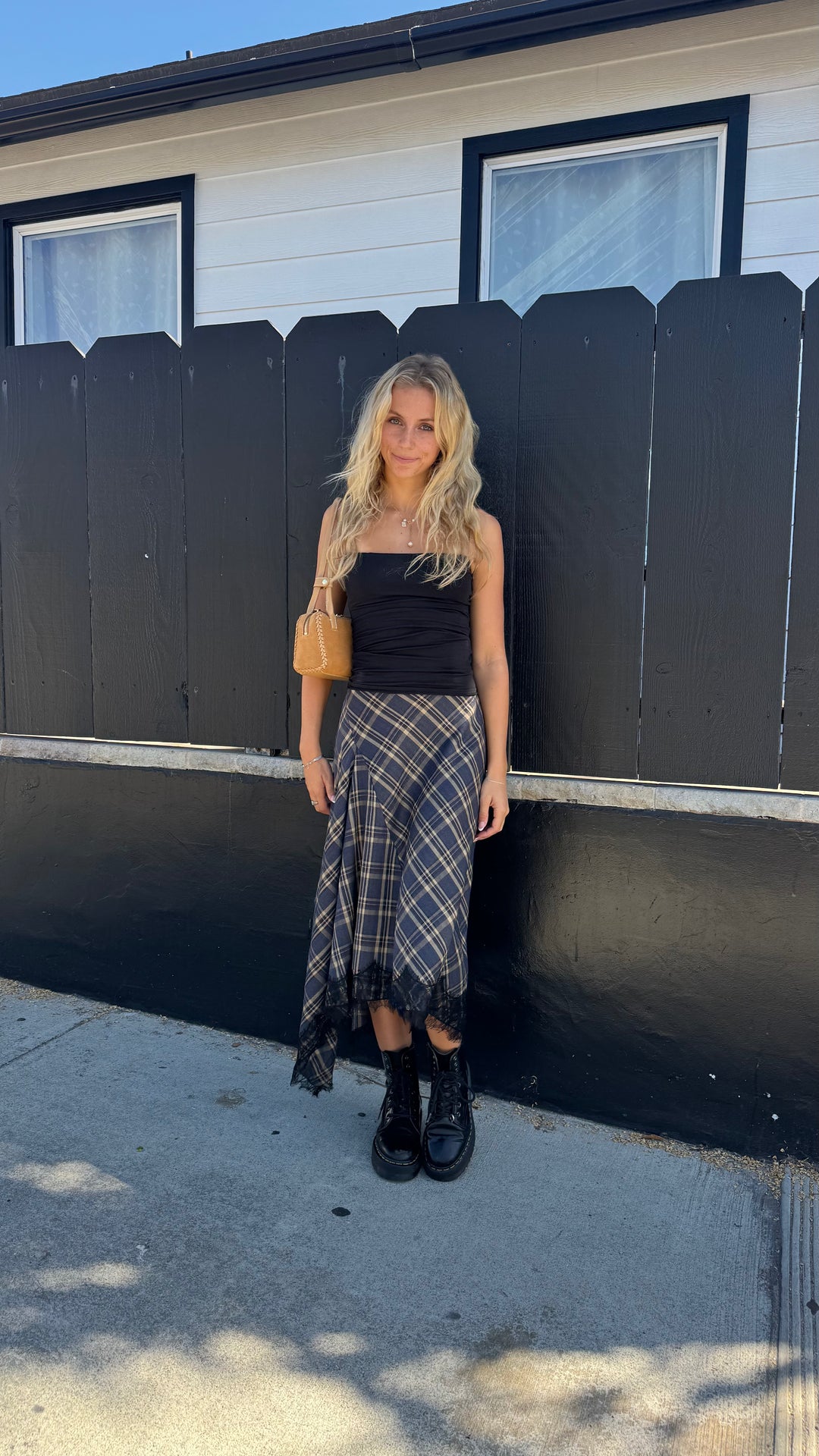 KEEN THE LABEL Tasha Plaid Asymmertrical Lace Midi Skirt