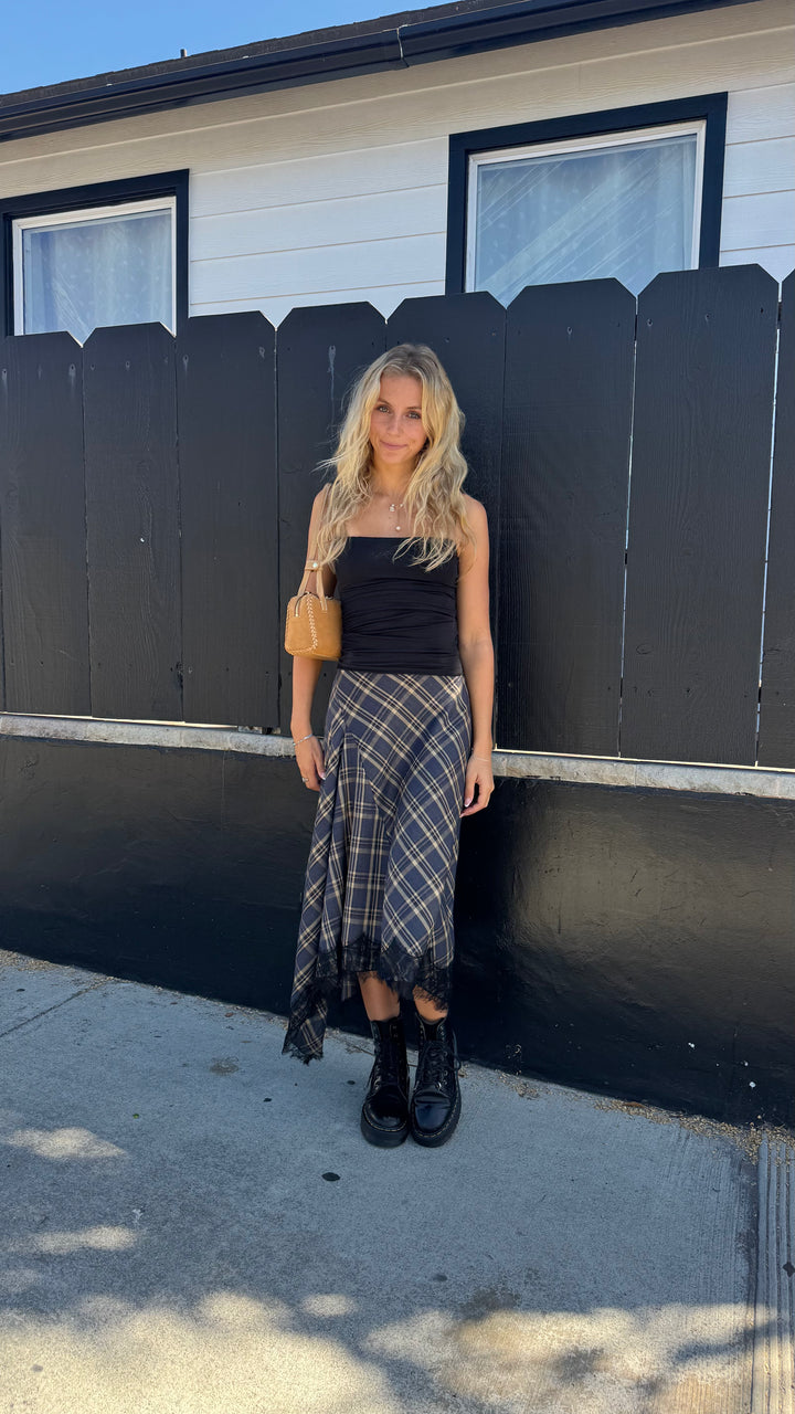 KEEN THE LABEL Tasha Plaid Asymmertrical Lace Midi Skirt