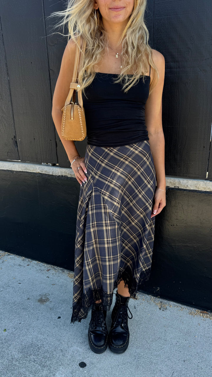KEEN THE LABEL Tasha Plaid Asymmertrical Lace Midi Skirt