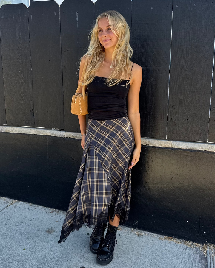 KEEN THE LABEL Tasha Plaid Asymmertrical Lace Midi Skirt