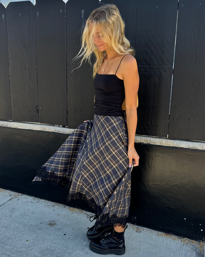 KEEN THE LABEL Tasha Plaid Asymmertrical Lace Midi Skirt