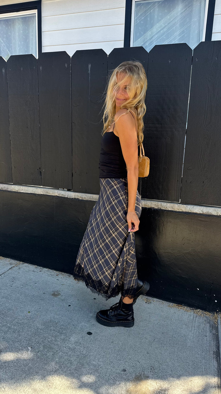 KEEN THE LABEL Tasha Plaid Asymmertrical Lace Midi Skirt
