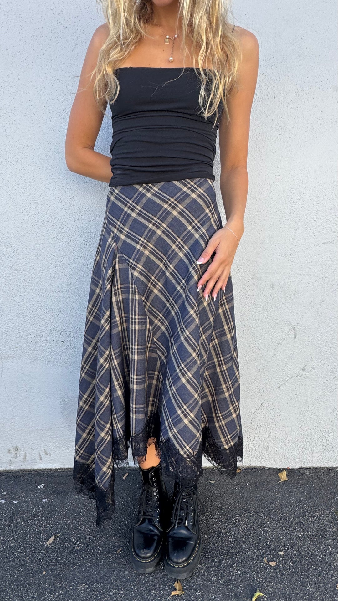 KEEN THE LABEL Tasha Plaid Asymmertrical Lace Midi Skirt